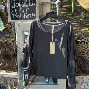 NWT Lanston Gray Long-Sleeve sweatshirt top with distressed elbow and sleeves